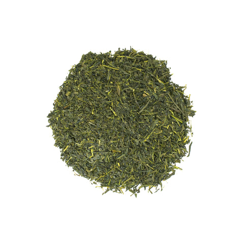 Freshly brewed The Emperor Gyokuro green tea from Lake Missoula Tea Company, featuring vibrant green tea leaves in a clear cup.