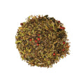 Cup of Lake Missoula Tea Company KaPow! Ginkgo Brain Tea with ginkgo leaves and tea leaves in a clear glass mug.