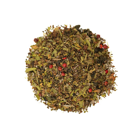 Cup of Lake Missoula Tea Company KaPow! Ginkgo Brain Tea with ginkgo leaves and tea leaves in a clear glass mug.