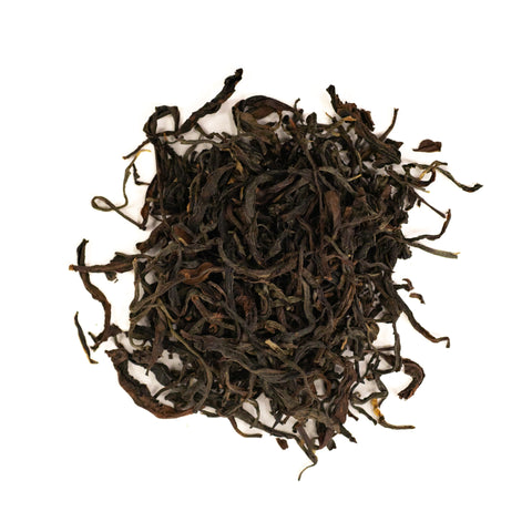 Loose GABA Oolong tea leaves from Lake Missoula Tea Company in a clear glass jar, showcasing the rich, dark tea leaves.