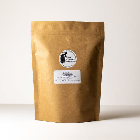 Lake Missoula Tea Company Ginger Jazz tea in a 500g package, showing fresh ginger root and tea leaves on the label.