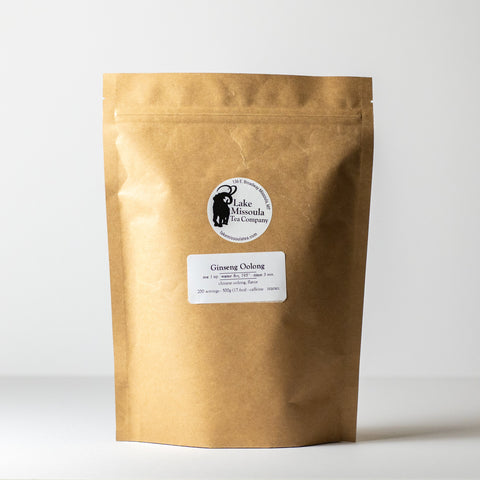 Ginseng Oolong tea by Lake Missoula Tea Company in a 500g package, featuring dried tea leaves with ginseng and oolong aroma.