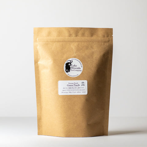 Green Puerh tea leaves from Lake Missoula Tea Company, 500g package, fresh green and tightly rolled tea leaves