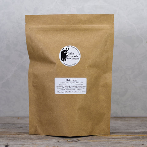 Lake Missoula Tea Company hair care tea in 500g package, natural herbal blend for hair health and nourishment.