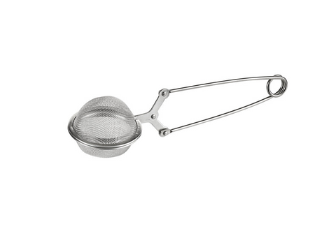 Stainless steel mesh ball tea infuser with a hinged squeeze handle