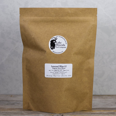 500g of Lake Missoula Tea Company's Internal Bliss #2 Regular Move Blend tea with loose tea leaves in a clear container.
