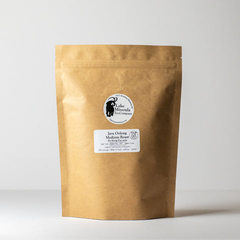 Medium Java Oolong tea leaves from Lake Missoula Tea Company in a 500g package, showcasing the rolled, dark tea leaves.