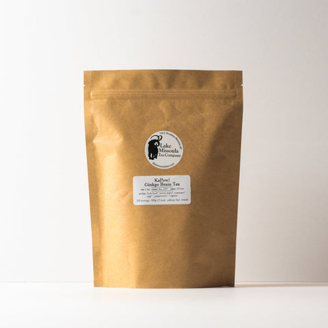 Lake Missoula Tea Company's Ginkgo Brain Tea in a 500g package, featuring the tea blend with ginkgo leaves for mental clarity.