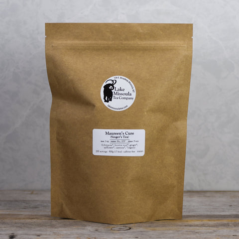 Lake Missoula Tea Company's Maureen's Cure Singer's Tea in a 500g package, featuring herbal tea blend with natural ingredients.