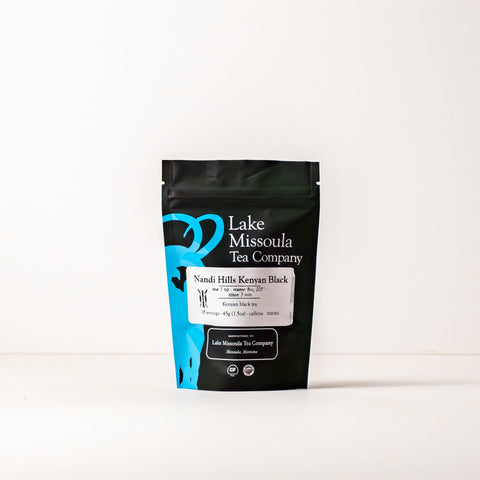 Loose-leaf Nandi Hills Kenyan Black Tea from Lake Missoula Tea Company in a 2oz package, showcasing rich dark tea leaves.