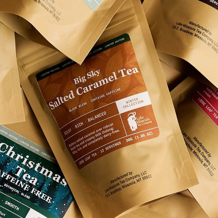 Big Sky Salted Caramel Tea in a kraft Winter Collection pouch with an orange label