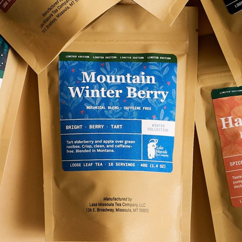 Mountain Winter Berry tea in a kraft Winter Collection pouch with a blue label