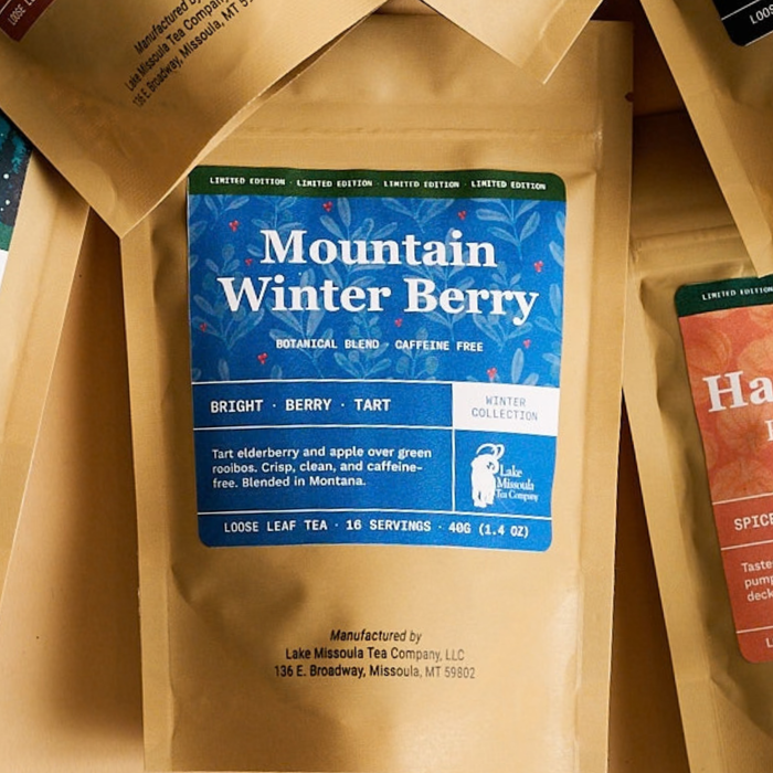 Mountain Winter Berry tea in a kraft Winter Collection pouch with a blue label