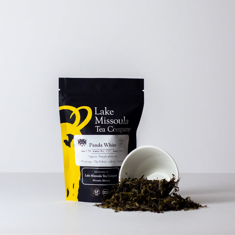 White panda-shaped tea from Lake Missoula Tea Company, 2 oz package, featuring a cute panda figure and premium white tea leaves