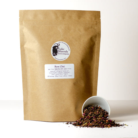 A 500g package of Lake Missoula Tea Company's Rose Chai with aromatic rose and chai spices in a colorful, inviting tea blend.
