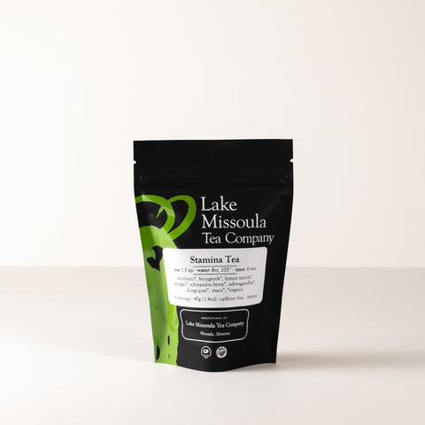 Lake Missoula Tea Company Stamina herbal tea in a 2oz package, showcasing the tea blend with dried herbs and natural ingredients.