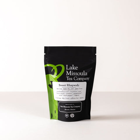 Lake Missoula Tea Company's Sweet Rhapsody tea in a 2oz package, featuring a blend of fragrant, sweet herbal and floral ingredients.