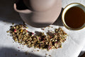 Loose leaf Sweet Rhapsody tea from Lake Missoula Tea Company in a teapot, showcasing vibrant tea leaves and brewing process.