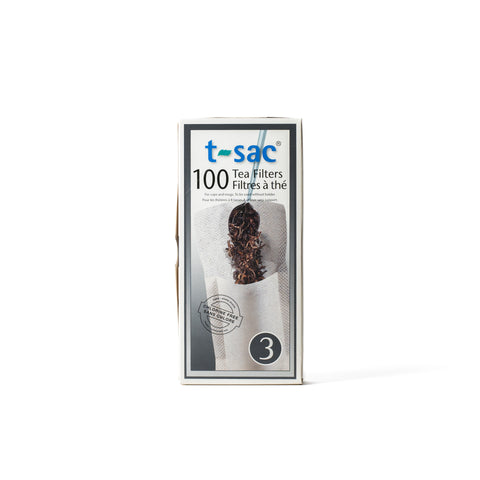Pack of 100 Lake Missoula Tea Company T-Sac tea filters for loose leaf tea, suitable for easy brewing in teapots or cups.