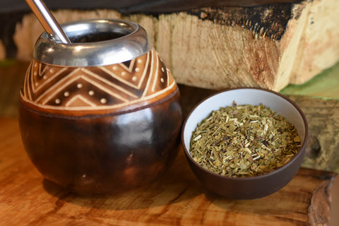 Yerba Lemon Basil tea from Lake Missoula Tea Company, served in a traditional yerba mate gourd with bombilla straw.