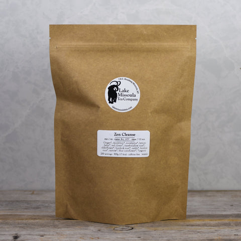 Organic Zen Cleanse tea by Lake Missoula Tea Company in a 500g package, featuring a calming blend of herbs and natural ingredients.
